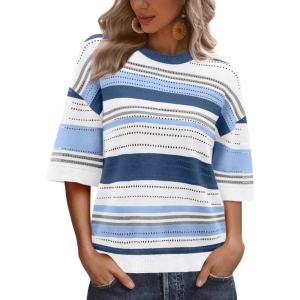 XIEERDUO Womens Half Sleeve Sweater Knit Crochet Blouses Tops 2026 Spring Summer Fashion Clothing Outfits(A-blue Stripe)