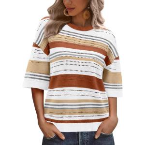 XIEERDUO Womens Half Sleeve Sweater Knit Crochet Blouses Tops 2026 Spring Summer Fashion Clothing Outfits(A-khaki Brown Stripe)