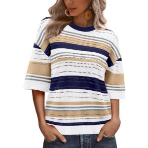 XIEERDUO Womens Half Sleeve Sweater Knit Crochet Blouses Tops 2026 Spring Summer Fashion Clothing Outfits(A-navy Stripe)