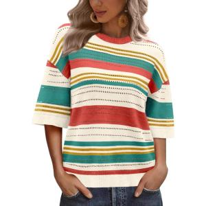 XIEERDUO Womens Half Sleeve Sweater Knit Crochet Blouses Tops 2026 Spring Summer Fashion Clothing Outfits(A-red Green Stripe)