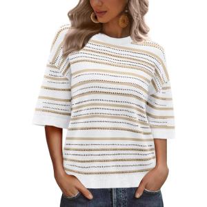 XIEERDUO Womens Half Sleeve Sweater Knit Crochet Blouses Tops 2026 Spring Summer Fashion Clothing Outfits(A-white Khaki Stripe)