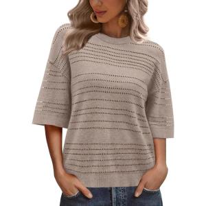 XIEERDUO Womens Half Sleeve Sweater Knit Crochet Blouses Tops 2026 Spring Summer Fashion Clothing Outfits(Khaki)