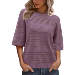 XIEERDUO Womens Half Sleeve Sweater Knit Crochet Blouses Tops 2026 Spring Summer Fashion Clothing Outfits(Purple)