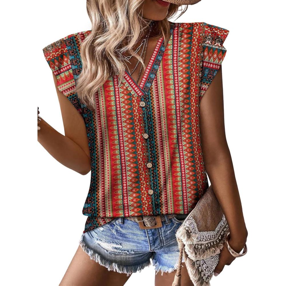 imageTank Tops for Women V Neck Clothes Womens Tops Dressy Blouses Ruffle Sleeve Shirts Fashion Clothing Business Casual OutfitsRed Stripe