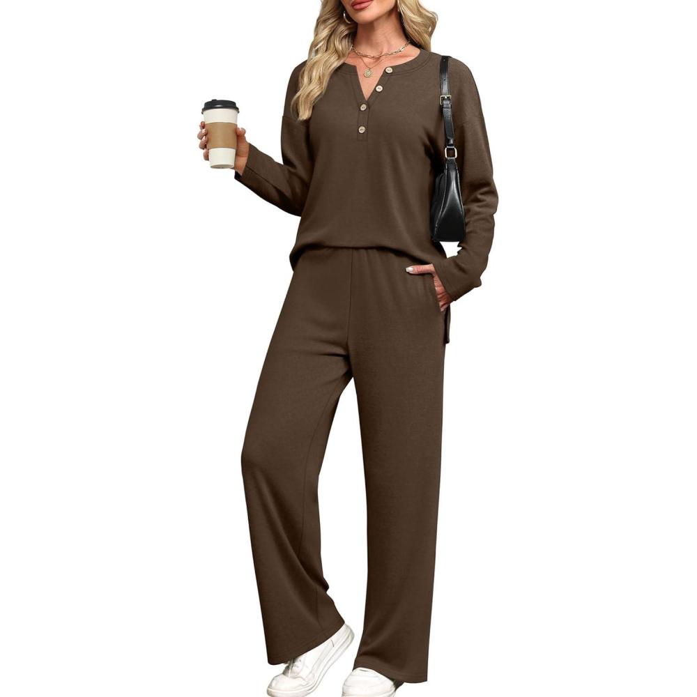 imageXIEERDUO Lounge Sets for Women 2 Piece V Neck Button Matching Sweatsuit Loungewear Fall Outfits Fashion Clothing PajamasSolid Brown