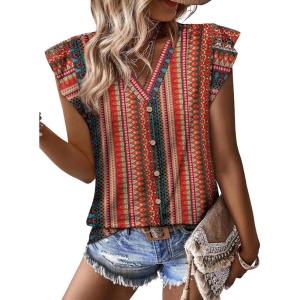 Tank Tops for Women V Neck Clothes Womens Tops Dressy Blouses Ruffle Sleeve Shirts Fashion Clothing Business Casual Outfits(Red Stripe)