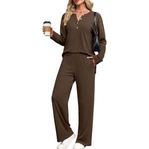 XIEERDUO Lounge Sets for Women 2 Piece V Neck Button Matching Sweatsuit Loungewear Fall Outfits Fashion Clothing Pajamas(Solid Brown)