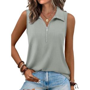 XIEERDUO Womens Summer Tops V Neck Collared Shirts Dressy Casual Ribbed Tank Top with Zipper Loose Fit(A Whitesmock)