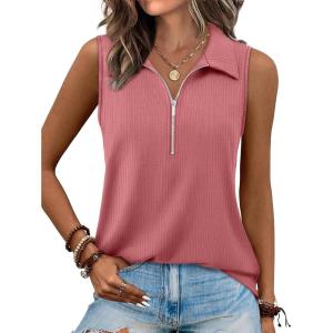 XIEERDUO Womens Summer Tops V Neck Collared Shirts Dressy Casual Ribbed Tank Top with Zipper Loose Fit(Coral)