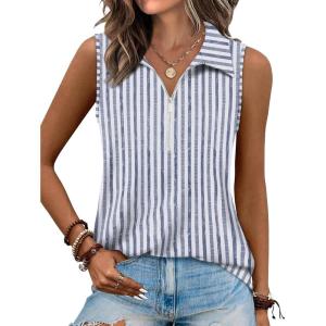 XIEERDUO Womens Summer Tops V Neck Collared Shirts Dressy Casual Ribbed Tank Top with Zipper Loose Fit(F Vertical Striped 1)