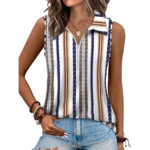XIEERDUO Womens Summer Tops V Neck Collared Shirts Dressy Casual Ribbed Tank Top with Zipper Loose Fit(F Vertical Striped 2)