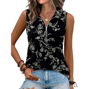 XIEERDUO Womens Summer Tops V Neck Collared Shirts Dressy Casual Ribbed Tank Top with Zipper Loose Fit(Floral Black)