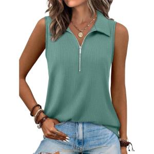 XIEERDUO Womens Summer Tops V Neck Collared Shirts Dressy Casual Ribbed Tank Top with Zipper Loose Fit(Grey Green)