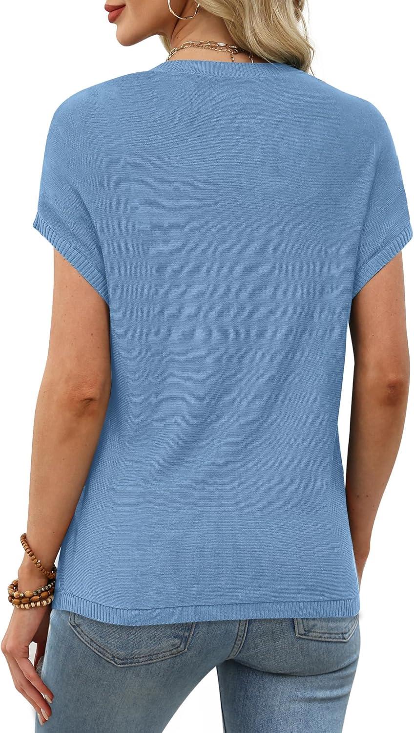 imageXIEERDUO Short Sleeve Sweater for Women Lightweight Sweaters Boho Tops Summer Clothes Beach Vacation Outfits 2026Solid Blue