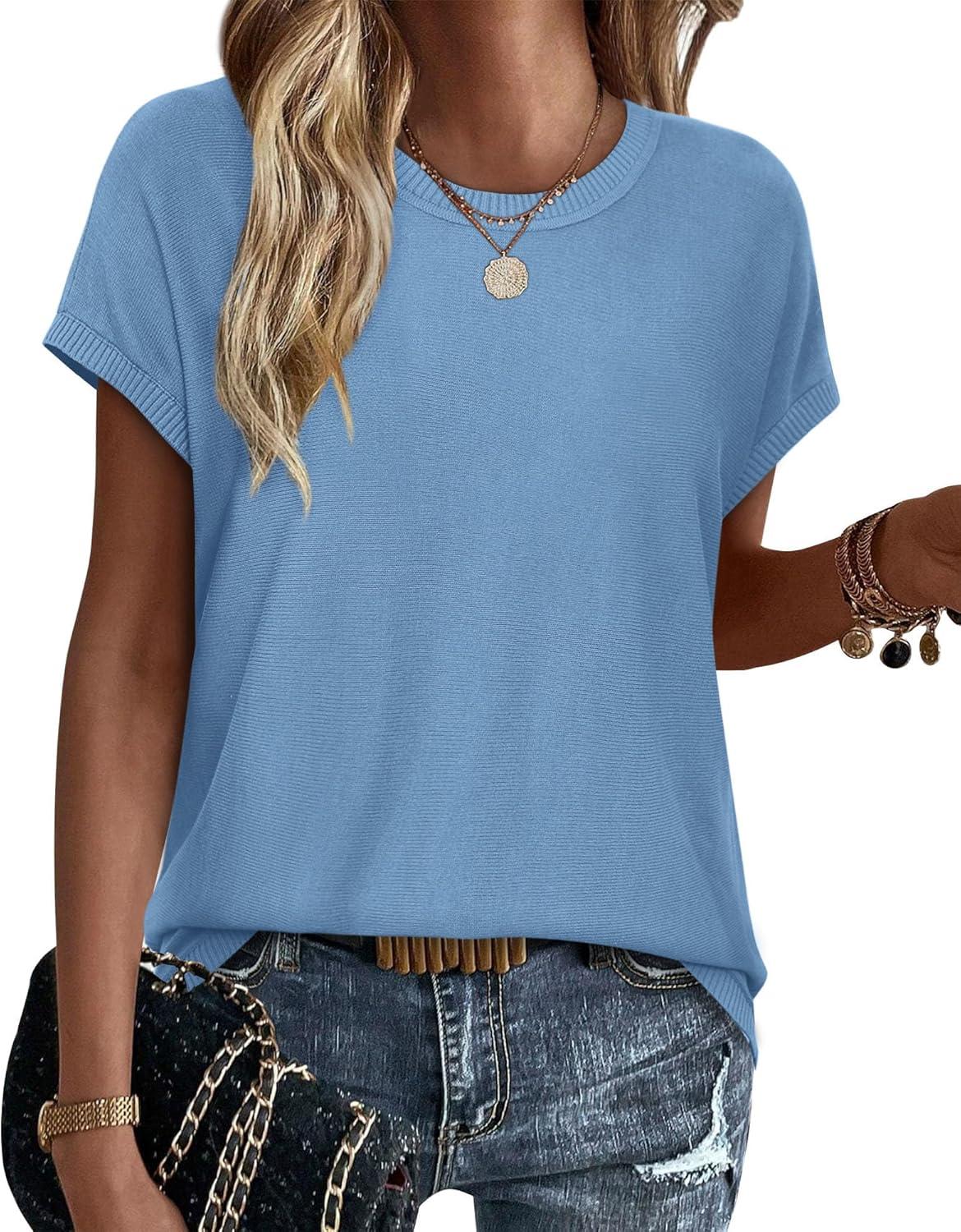 imageXIEERDUO Short Sleeve Sweater for Women Lightweight Sweaters Boho Tops Summer Clothes Beach Vacation Outfits 2026Solid Blue