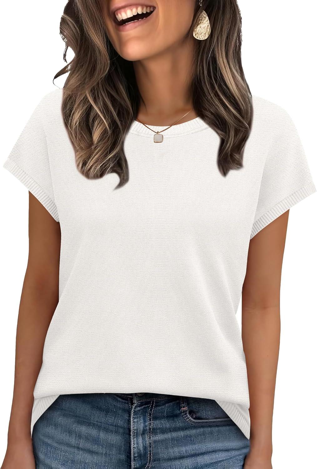 imageXIEERDUO Short Sleeve Sweater for Women Lightweight Sweaters Boho Tops Summer Clothes Beach Vacation Outfits 2026Solid a White