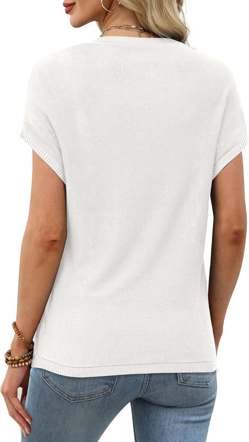 imageXIEERDUO Short Sleeve Sweater for Women Lightweight Sweaters Boho Tops Summer Clothes Beach Vacation Outfits 2026Solid a White