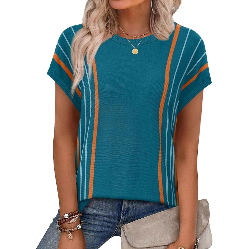 imageXIEERDUO Short Sleeve Sweater for Women Lightweight Sweaters Boho Tops Summer Clothes Beach Vacation Outfits 2026Boho Turquoise