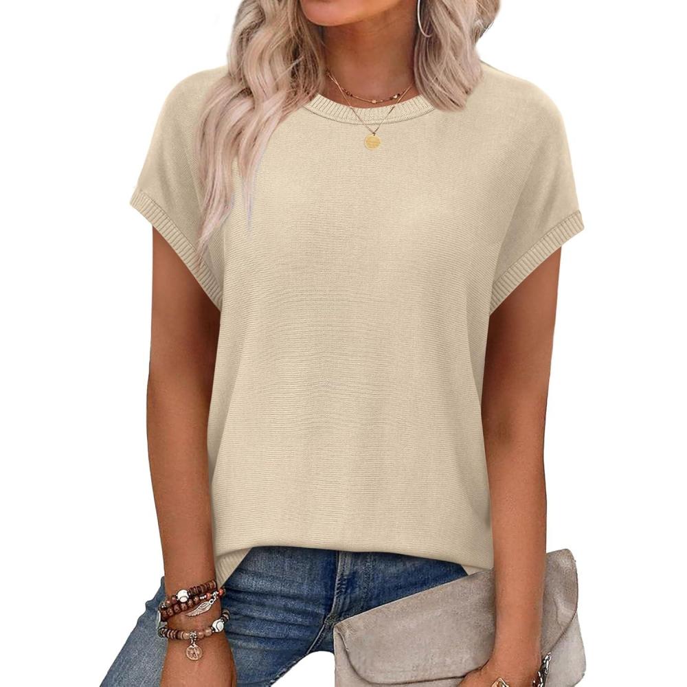 imageXIEERDUO Short Sleeve Sweater for Women Lightweight Sweaters Boho Tops Summer Clothes Beach Vacation Outfits 2026Solid Beige