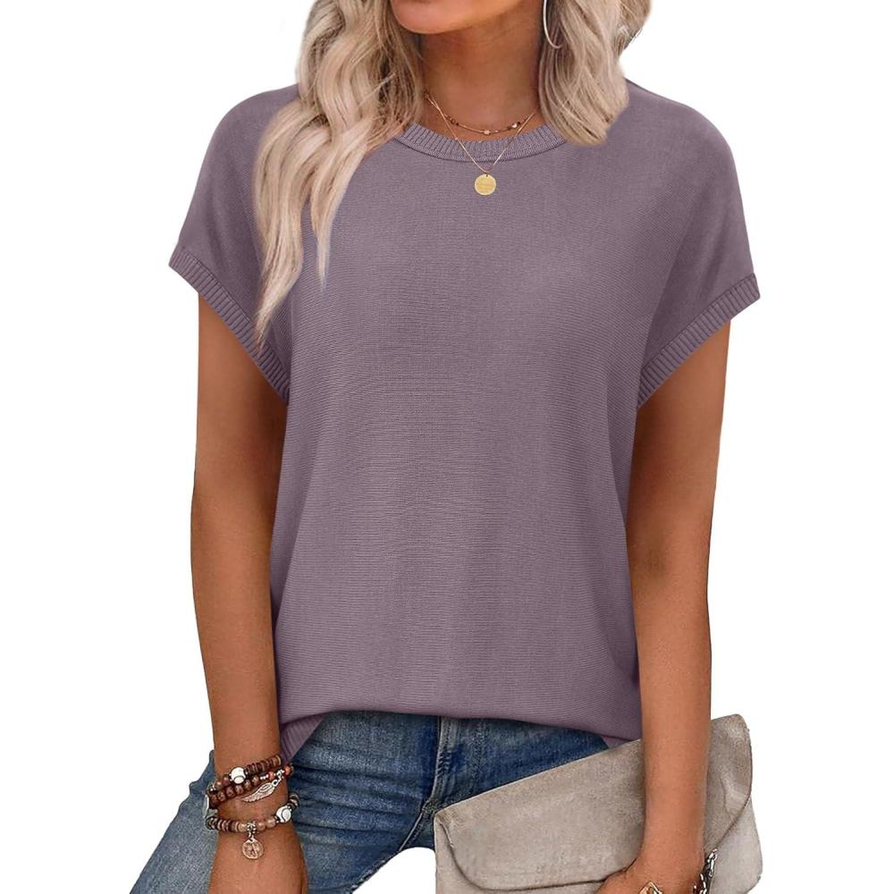 imageXIEERDUO Short Sleeve Sweater for Women Lightweight Sweaters Boho Tops Summer Clothes Beach Vacation Outfits 2026Solid Purple