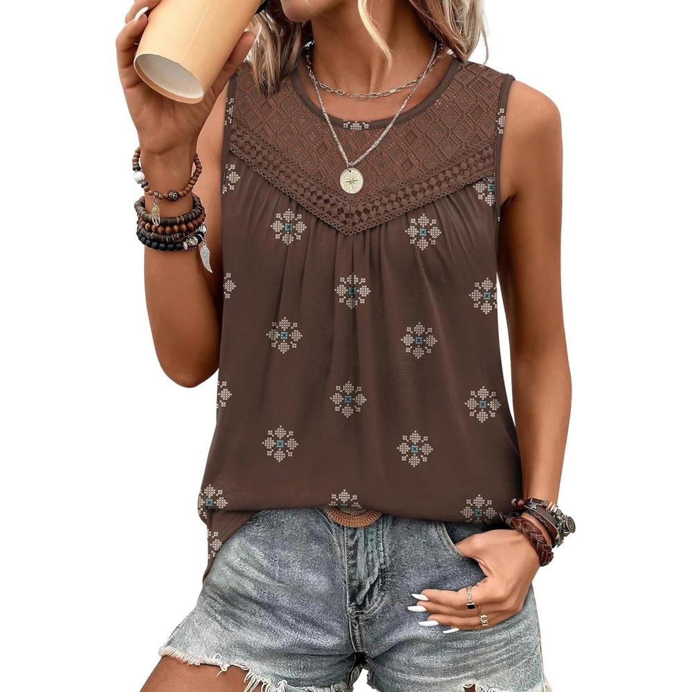 imageXIEERDUO Womens Tank Tops Sleeveless Lace Crochet Boho Tops Loose Fit Pleated Tunics Crewneck Summer Vacation Outfits FlowyPatternedbrown Print