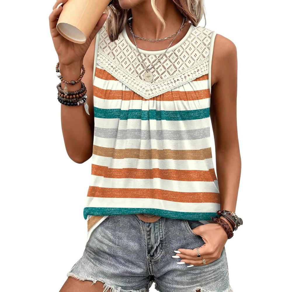 imageXIEERDUO Womens Tank Tops Sleeveless Lace Crochet Boho Tops Loose Fit Pleated Tunics Crewneck Summer Vacation Outfits FlowyPatternedmulticolor Stripe