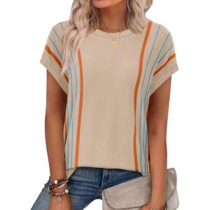 XIEERDUO Short Sleeve Sweater for Women Lightweight Sweaters Boho Tops Summer Clothes Beach Vacation Outfits 2026(Boho Beige)