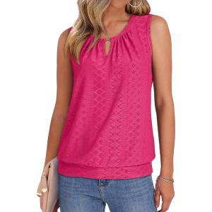 XIEERDUO Womens Tank Tops Keyhole V Neck Tank Tops Summer Tops for Women 2025 Eyelet Embroidered Loose Fit(Hot Pink)