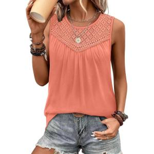 XIEERDUO Womens Tank Tops Sleeveless Lace Crochet Boho Tops Loose Fit Pleated Tunics Crewneck Summer Vacation Outfits Flowy(Coral)