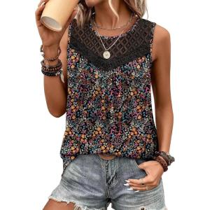 XIEERDUO Womens Tank Tops Sleeveless Lace Crochet Boho Tops Loose Fit Pleated Tunics Crewneck Summer Vacation Outfits Flowy(Patterned-black Floral)