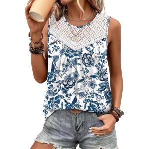 XIEERDUO Womens Tank Tops Sleeveless Lace Crochet Boho Tops Loose Fit Pleated Tunics Crewneck Summer Vacation Outfits Flowy(Patterned-blue Print)