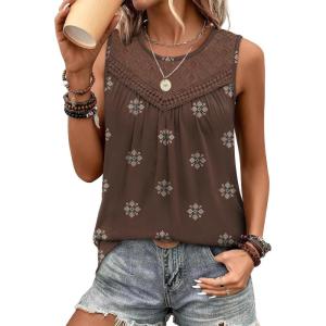 XIEERDUO Womens Tank Tops Sleeveless Lace Crochet Boho Tops Loose Fit Pleated Tunics Crewneck Summer Vacation Outfits Flowy(Patterned-brown Print)
