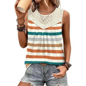 XIEERDUO Womens Tank Tops Sleeveless Lace Crochet Boho Tops Loose Fit Pleated Tunics Crewneck Summer Vacation Outfits Flowy(Patterned-multicolor Stripe)