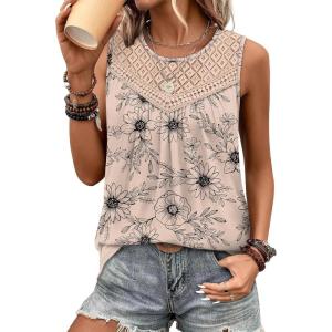 XIEERDUO Womens Tank Tops Sleeveless Lace Crochet Boho Tops Loose Fit Pleated Tunics Crewneck Summer Vacation Outfits Flowy(Patterned-sunflower)