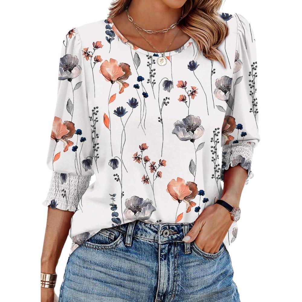 imageXIEERDUO Blouses for Women Dressy Casual 34 Length Sleeve Womens Tops with Smocked CuffsQwhite Floral