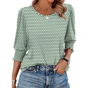 XIEERDUO Blouses for Women Dressy Casual 3/4 Length Sleeve Womens Tops with Smocked Cuffs(J-z-greenstripe)