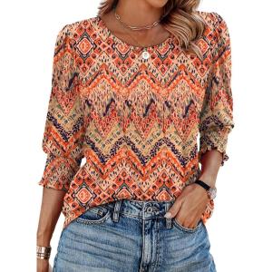XIEERDUO Blouses for Women Dressy Casual 3/4 Length Sleeve Womens Tops with Smocked Cuffs(K-boho)