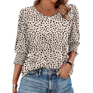 XIEERDUO Blouses for Women Dressy Casual 3/4 Length Sleeve Womens Tops with Smocked Cuffs(P-apricot Dot)