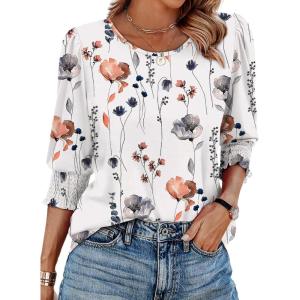 XIEERDUO Blouses for Women Dressy Casual 3/4 Length Sleeve Womens Tops with Smocked Cuffs(Q-white Floral)