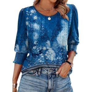 XIEERDUO Blouses for Women Dressy Casual 3/4 Length Sleeve Womens Tops with Smocked Cuffs(R-navy Print)