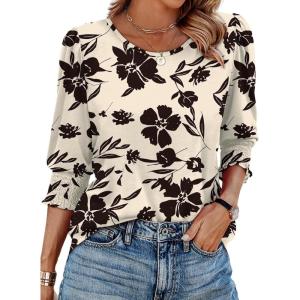 XIEERDUO Blouses for Women Dressy Casual 3/4 Length Sleeve Womens Tops with Smocked Cuffs(V-beige Black Floral)