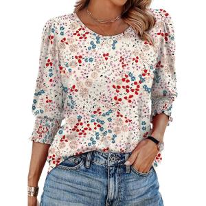 XIEERDUO Blouses for Women Dressy Casual 3/4 Length Sleeve Womens Tops with Smocked Cuffs(V-light Pink Floral)