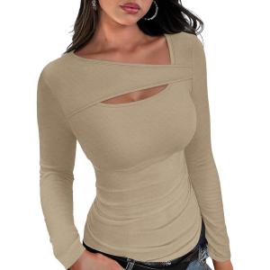XIEERDUO Womens Long Sleeve Tops Slim Fit Fall Tops for Women 2025 Cutout Tops Y2K Ribbed Tshirt(Apricot)