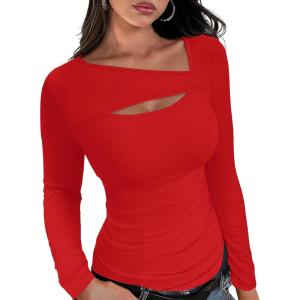 XIEERDUO Womens Long Sleeve Tops Slim Fit Fall Tops for Women 2025 Cutout Tops Y2K Ribbed Tshirt(Red)
