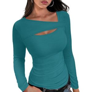 XIEERDUO Womens Long Sleeve Tops Slim Fit Fall Tops for Women 2025 Cutout Tops Y2K Ribbed Tshirt(Teal)