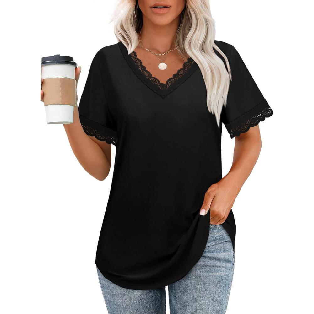 imageXIEERDUO V Neck T Shirts for Women Lace Sleeve Ladies Tops and Blouses Summer Outfits Basic TeeAblack
