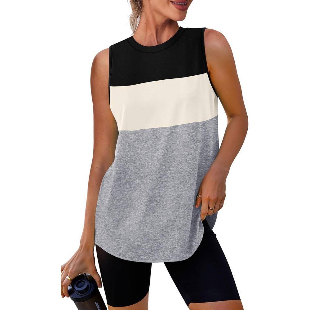 imageWomens Workout Tank Tops Lightweight Sleeveless Shirts for Women Loose Fit Tops for Athletic Running Tennis YogaBlack White Grey