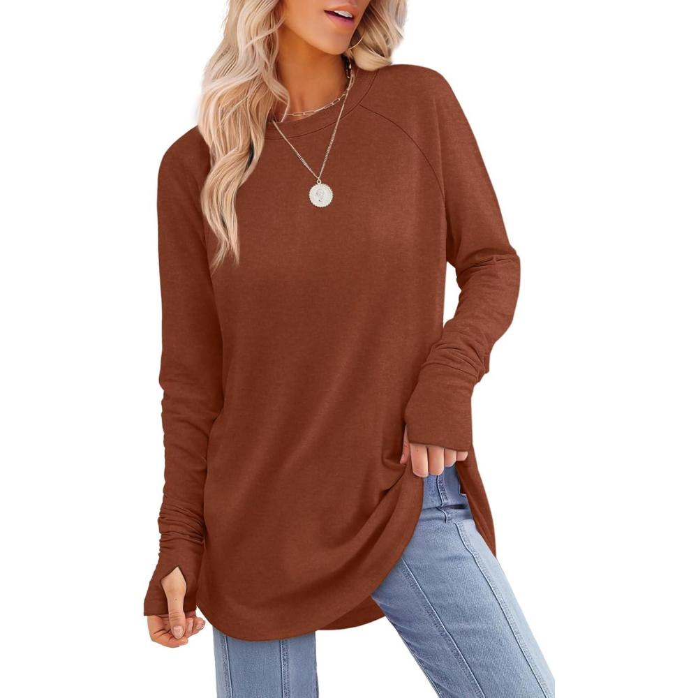 imageXIEERDUO Womens Tunic Tops to Wear with Leggings Long Sleeve Thumb Hole Shirts Crew Neck Curved HemEbrown