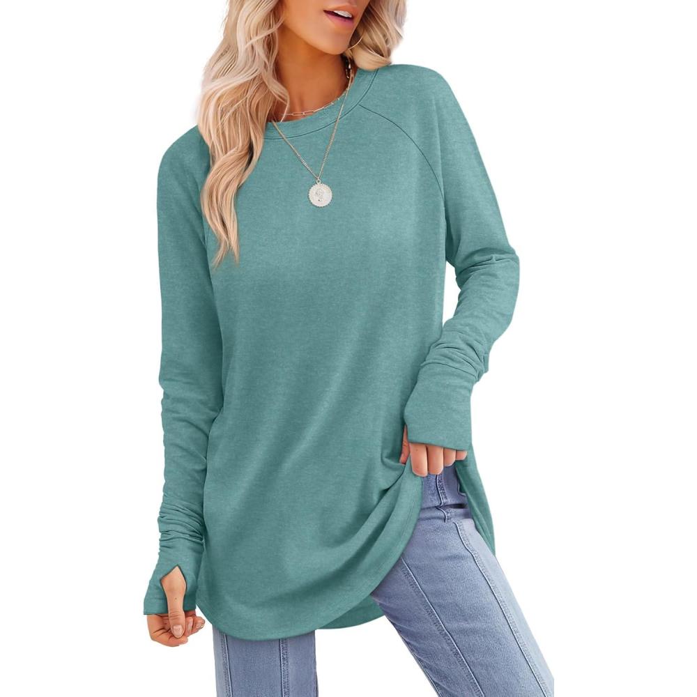 imageXIEERDUO Womens Tunic Tops to Wear with Leggings Long Sleeve Thumb Hole Shirts Crew Neck Curved HemGgreyblue