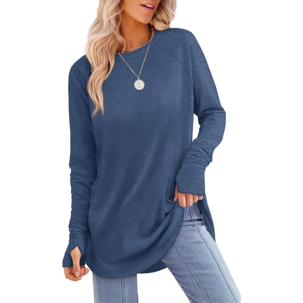 imageXIEERDUO Womens Tunic Tops to Wear with Leggings Long Sleeve Thumb Hole Shirts Crew Neck Curved HemIblue